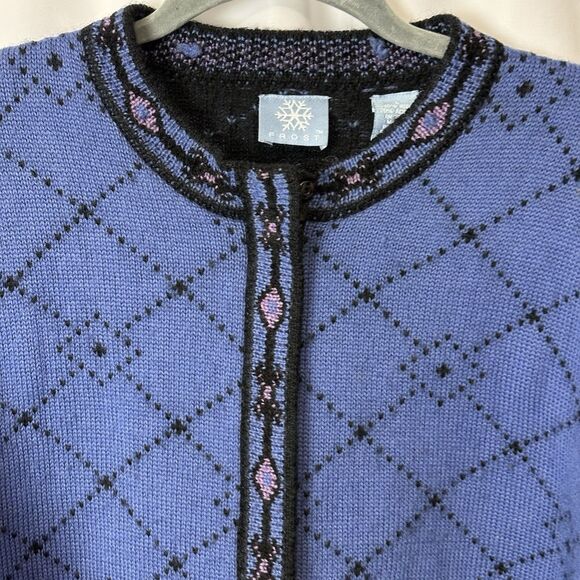 Vtg Frost Womens L Wool Blend Full Zip Nordic Cardigan Sweater Blue Border 90s - Picture 3 of 8
